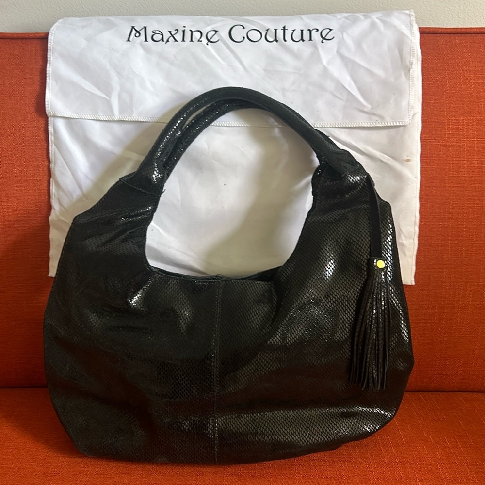 Maxine Couture handbag in black snakeskin and tassel with dust cover